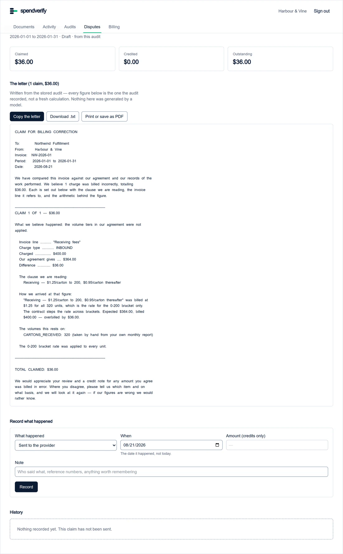 The claim screen in SpendVerify: a $36.00 claim against invoice NW-2026-01, addressed to Northwind Fulfillment from Harbour and Vine, with copy, download and print buttons above the generated letter.